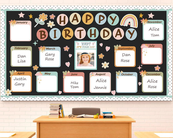 Boho Happy Birthday Bulletin Board Decorations Set with Rainbow Chart and Cutouts for School Calendar and Birthday