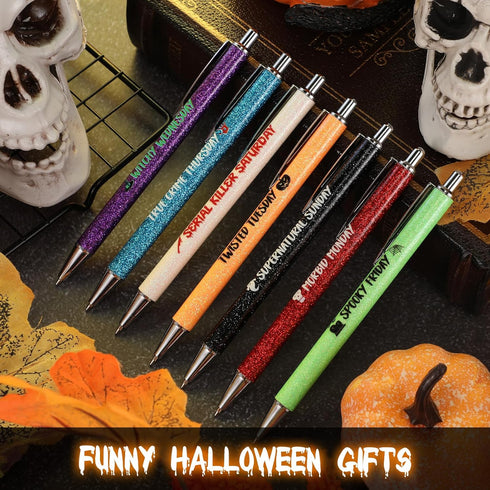 Sherr 7 Pcs Halloween Weekday Pens, Glitter Fancy Funny Ballpoint Pens with 10 Pcs Black Ink Refills for Office