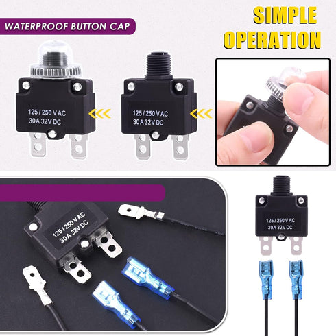 Swpeet 20Pcs 30Amp Thermal Circuit Breaker with 19cm 6.3mm Female Spade Terminals Wire Leads and Waterproof Button Caps
