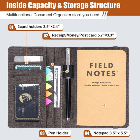 Journal Cover for Field Notes - Waterproof Fabric Organizer with Pen Loop, Business Card Holder for Moleskine Cahier's