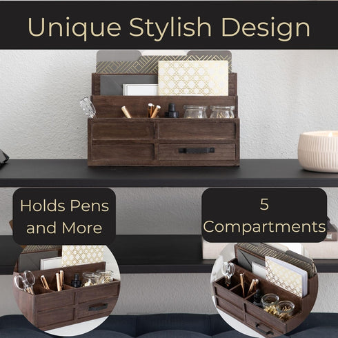 BLU MONACO Brown Wood Mail Organizer with Drawer and Pen Holder, Desk Sorter for Bills and Kitchen Storage