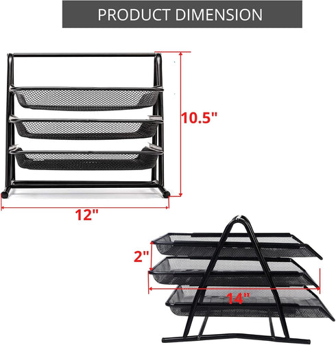 Performore 3 Tier Paper Tray Organizer for Desk, Black Stackable Metal Mesh Letter Trays for Document Storage