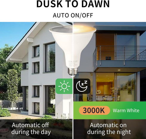 PAR38 Bulbs, 3000K, 150W 17W, 1600LM, Bulb, 2 Pack, Non-Dimmable, HQ-H034 Qualilux Dusk to Dawn LED Flood Light Warm