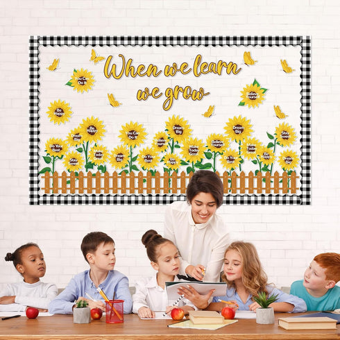 Sunflower Bulletin Board Decoration Set, Summer Sun Flower Cutouts with Motivational Sayings, Butterflies, Fences for