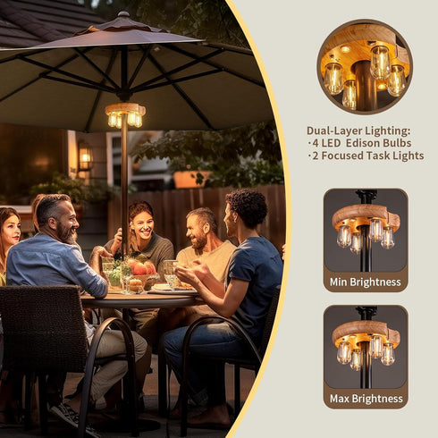 Bulbs 10 (1 Pack) Wood Grain Patio Umbrella Light with Remote Control, Rechargeable Cordless LED Edison Pole Light