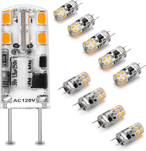 Dimmable G8 LED Light Bulbs 3W Equivalent 20W 25W Halogen 2700K Warm White 300lm, G8 Base, 10 Pack