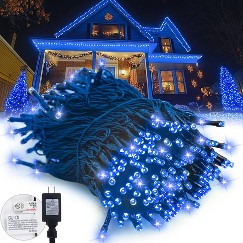 Kwaiffeo Blue Christmas Lights, 100FT 300LED String Light Outdoor Indoor, 8 Modes