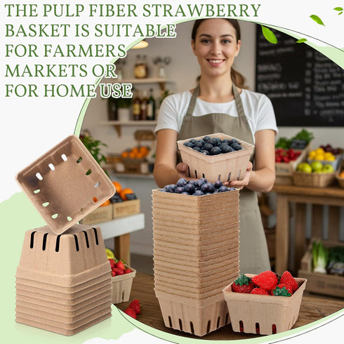Reallnaive 20 Pack 1 Natural Pulp Fiber Berry Basket Pint, Small Molded Produce Vented Basket for Farmers Market, Fruit