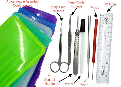 Precision Plus Dissection Kit - 24-Piece Biology Kit - 9 Stainless Steel Instruments - Extra Blades & T-Pins - Biology Students & Faculty – Assorted Color Cases