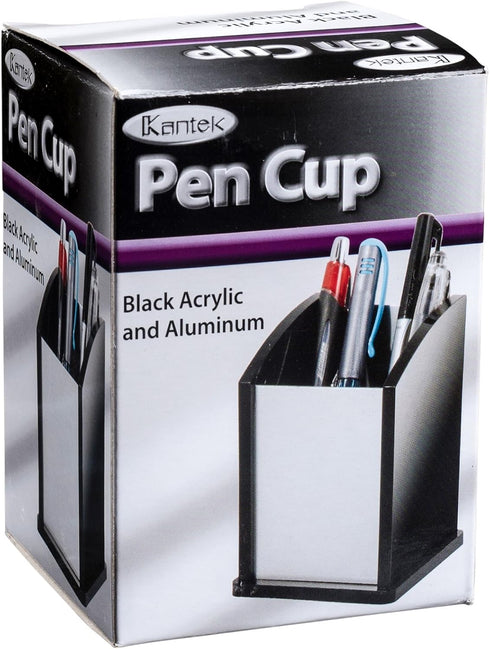 Kantek Black Acrylic and Silver Aluminum Pen Cup, 3" x 3" x 4.25", Heavy Duty Pencil Holder