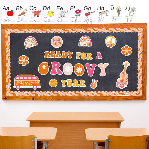 Whaline 60Pcs Groovy Retro Boho Bulletin Board Kit, Pink Orange Rainbow Flower Cutouts for Classroom Office Decor