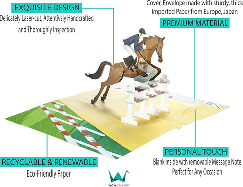 Horse Jumping Equestrian 3D Pop Up Greeting Card for All Occasions - Birthday, Love, Sports, Retirement