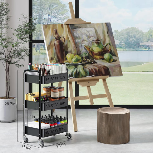 WBKATN 3 Tier Rolling Cart Metal, Black Carts with Lockable Wheels, Three Tiered Utility Trolley on Wheels, Sturdy Art