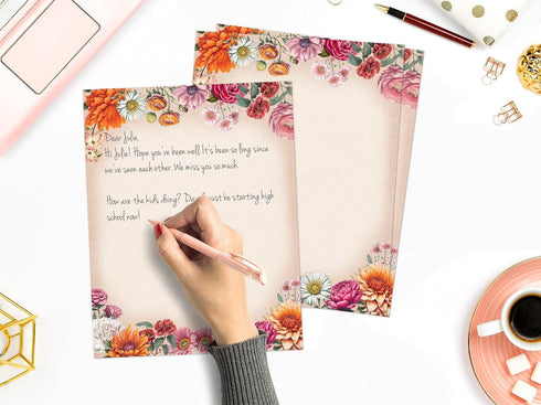 8.5 11 Inches, 50 Set Flower Paper Stationery, Vintage Floral Letterhead Paper x Sheets, Elegant Writing Paper, Pretty