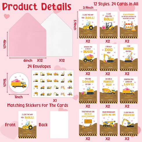 72pcs 4 6 TICIAGA Valentines Day Construction Truck Greeting Cards with Envelop and Sticker for Kid, x IN Excavator