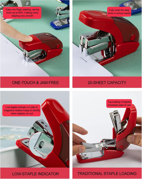 Effortless Mini Stapler Set, 20 Sheet Capacity, Integrated Remover & Staple Storage, 1000 Staples, Red
