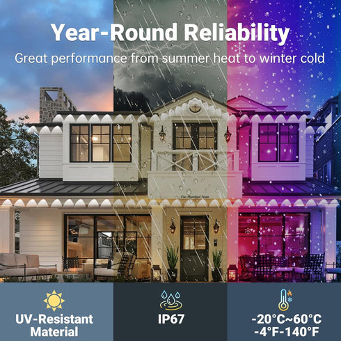 JZVGEN 150FT IP67 Permanent Smart RGB LED Eaves Outside Lights, Music Sync, Timing Function, Remote Control