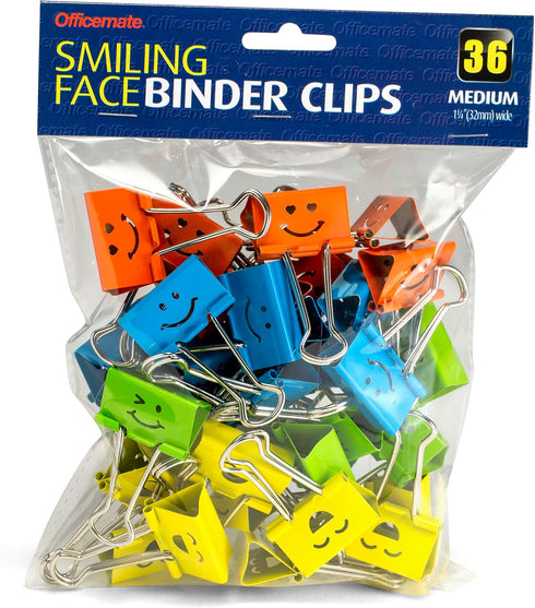 Officemate Smiling Face Binder Clips, Medium, Ass't Colors, 36 Pcs, Paper Clamps for Office, Teacher Gifts, School and