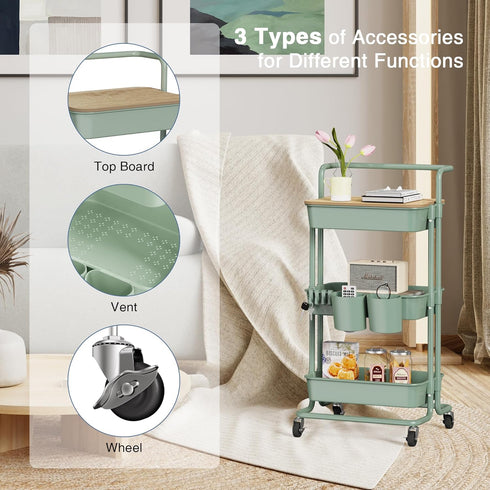 DTK 3 Tier Utility Rolling Cart with Cover Board, Turquoise, Rolling Storage Cart with Locking Wheels, 2 Small Baskets