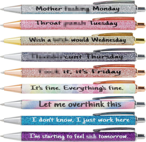 HOTBEST 9 Pcs Funny Seven Days of The Week Pen Set, Fun Ballpoint Pens Describing Mentality, Glitter Pen Set