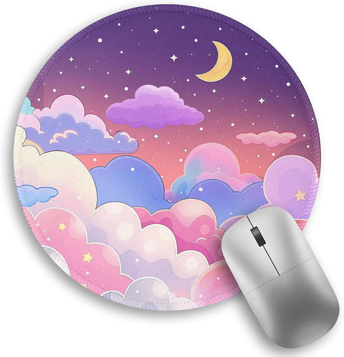 lebrocoli Kawaii Moon Cloud Star Sky Night Mouse Pad, Small Round Mouse Pads