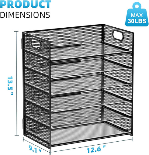 Marbrasse 6 Tier Paper Organizer, Mesh Desk File Holder with Handle for Letter/A4 Office Files, Black
