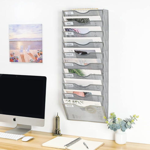 PAG Hanging Wall File Holder Organizer, Mail Sorter Literature Rack for Office with 10 Pockets, Silver