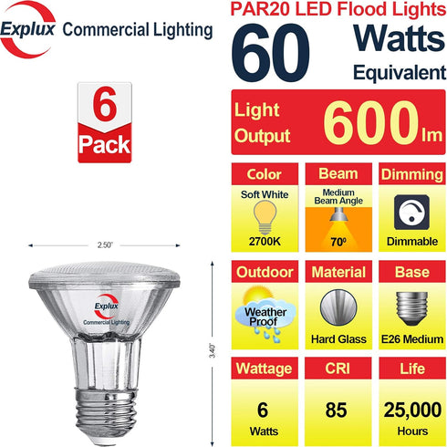 Explux Commercial-grade LED PAR20 Flood Light Bulbs, 60W Equivalent 600 Lumens, Dimmable, Full-glass Waterproof & Anti-Ageing, Soft White 2700K, 6-Pack by Explux Commercial Lighting