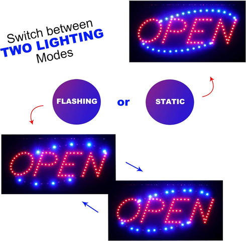 Neon Open Sign for Business, Horizontal LED Sign with Flashing Mode, Includes Business Hours