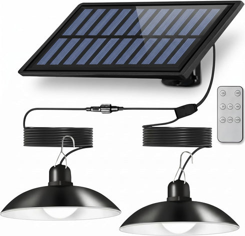 Solar Shed Lights, 1-to-2 Solar Pendant Lights, Outdoor Hanging Lights with Remote