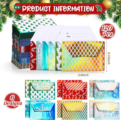 Jetec 120 Pcs Christmas Gift Card Holder Foil Embossed Envelopes, Assorted Color Metallic Sleeves