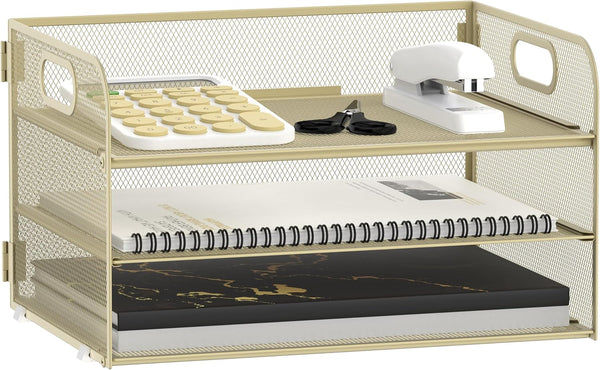 SUPEASY 3 Tier Paper Organizer with Handle - Mesh Desk Letter Tray for A10 File Folder, Golden Yellow