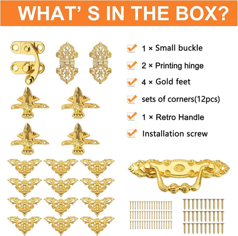 Gold Jewelry Box Kit - Antique Lock Latch Hasp Hinges and Corner Protectors for DIY Jewelry Box