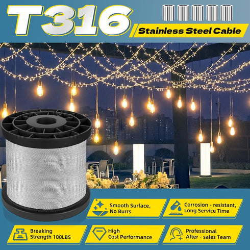 316 400FT 1/32IN 100Pcs Stainless Steel Cable, Wire Rope with Aluminum Sleeves Stops, for String Lights Hanging