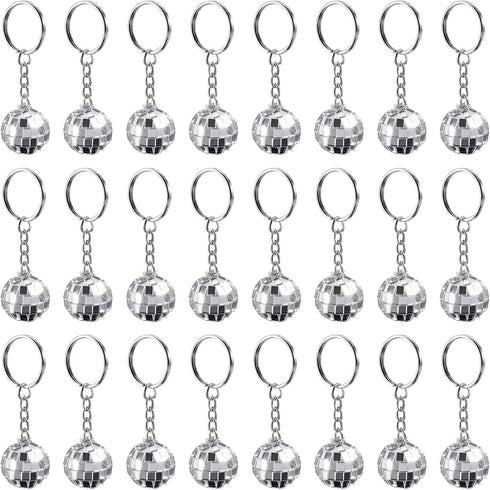 MTLEE 24 Pack Mini Mirror Disco Ball Keychain, Retro 60s 70s Disco Keychain for Bachelorette Party Favors (Silver)