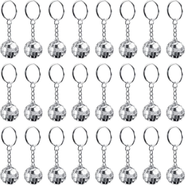 MTLEE 24 Pack Mini Mirror Disco Ball Keychain, Retro 60s 70s Disco Keychain for Bachelorette Party Favors (Silver)