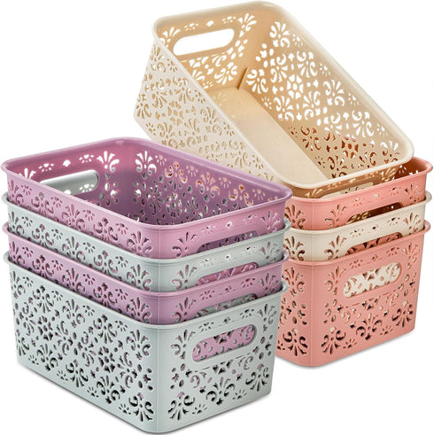 Frcctre 8 Pack Plastic Storage Baskets with Handle, Stackable Organize Bins for Home, Office, Bathroom, School (Flower