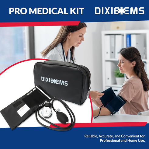 Set Dixie EMS Deluxe Aneroid Sphygmomanometer Blood Pressure W/Adult Cuff, Carrying Case and Calibration Tool - Black
