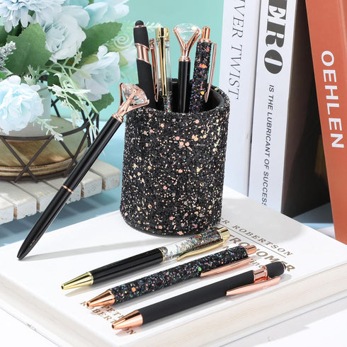 Sabary 8 Pcs Ballpoint Pens with Pen Holder, Metal Crystal Diamond Pen, Glitter Pencil Holder, Fancy Black Ink Pens for