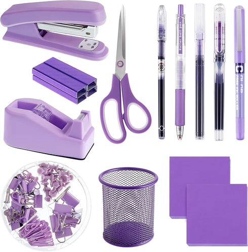 Gueevin 12 Pcs Purple Office Supplies, Purple Desk Accessories, Purple Stapler with Staples, Tape Dispenser, Pen