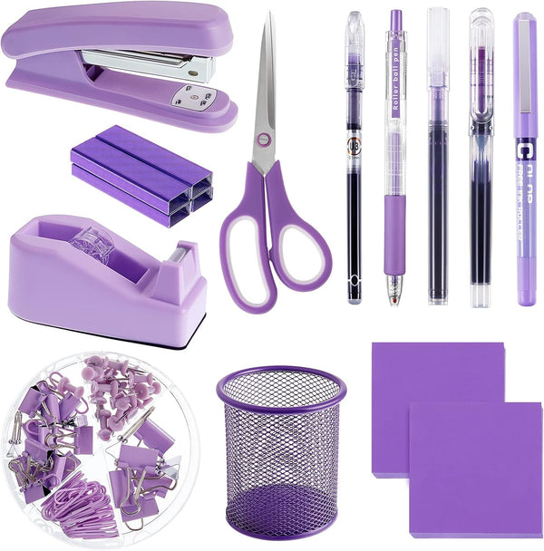Gueevin 12 Pcs Purple Office Supplies, Purple Desk Accessories, Purple Stapler with Staples, Tape Dispenser, Pen