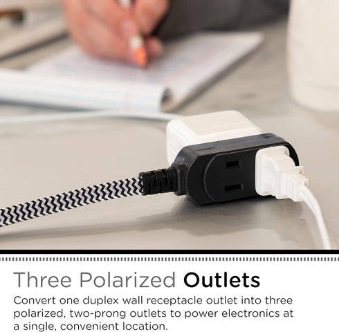Cordinate Designer 3-Outlet Extension Cord, 8 Ft Cable with Flat Plug, Black/White