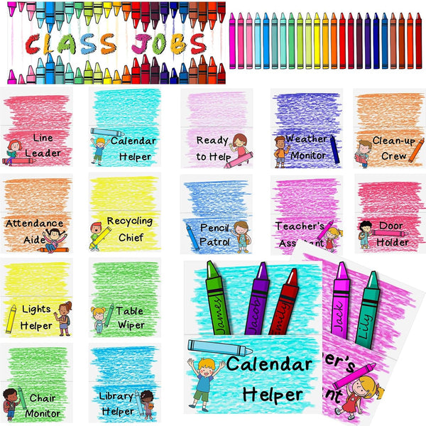 AmazingSpark 98 Pcs Crayon Jobs Chart Set Colorful Bulletin Board Teacher's Helper Chalkboard