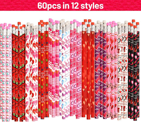 Valentine's Day Pencils for Kids Red Heart Pencils Bulk with Erasers 60 Pcs Valentines Wood Pencils for Goodie Bags Fillers Exchange Gifts School Classroom Rewards by Treasure Cove