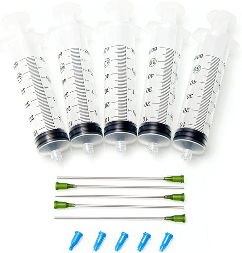 560 (5 Pack) 60ml Luer Lock Syringe with 14 Gauge Blunt Tipped Needle and Cap - Extra Large Capacity for Science