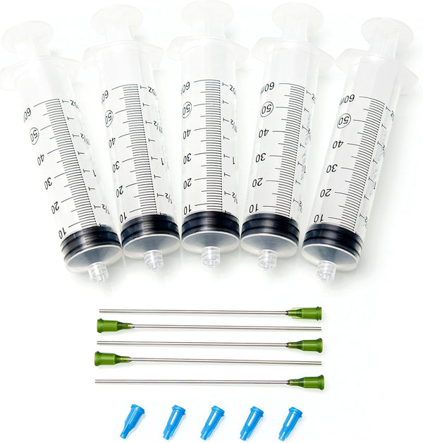 560 (5 Pack) 60ml Luer Lock Syringe with 14 Gauge Blunt Tipped Needle and Cap - Extra Large Capacity for Science