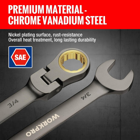 8-piece Set, 5/16-3/4 72-Teeth, WORKPRO Flex-Head Ratcheting Combination Wrench SAE in, CR-V Constructed, Nickel