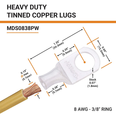 SELTERM 25pcs 8 AWG 3/8" Stud Marine Grade Tinned Copper Battery Cable Lugs, 8 Gauge Ring Terminals, UL Wire Lugs Electrical Battery Cable Ends, Tinned Copper Lugs Battery Terminal Connectors