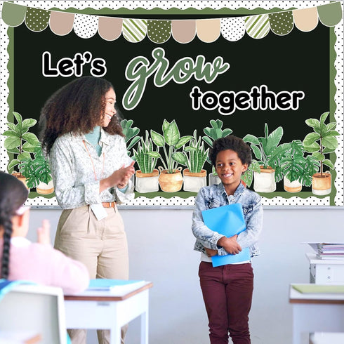 Greenery Classroom Bulletin Board Decorations - Potted Plant Set, Motivational Let’s Grow Green Leaves Cutouts for Wall