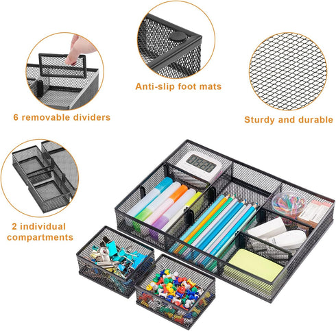 Marbrasse 3 Packs Desk Drawer Organizers - Metal Mesh Dividers with 9 Adjustable Compartments for Desktop
